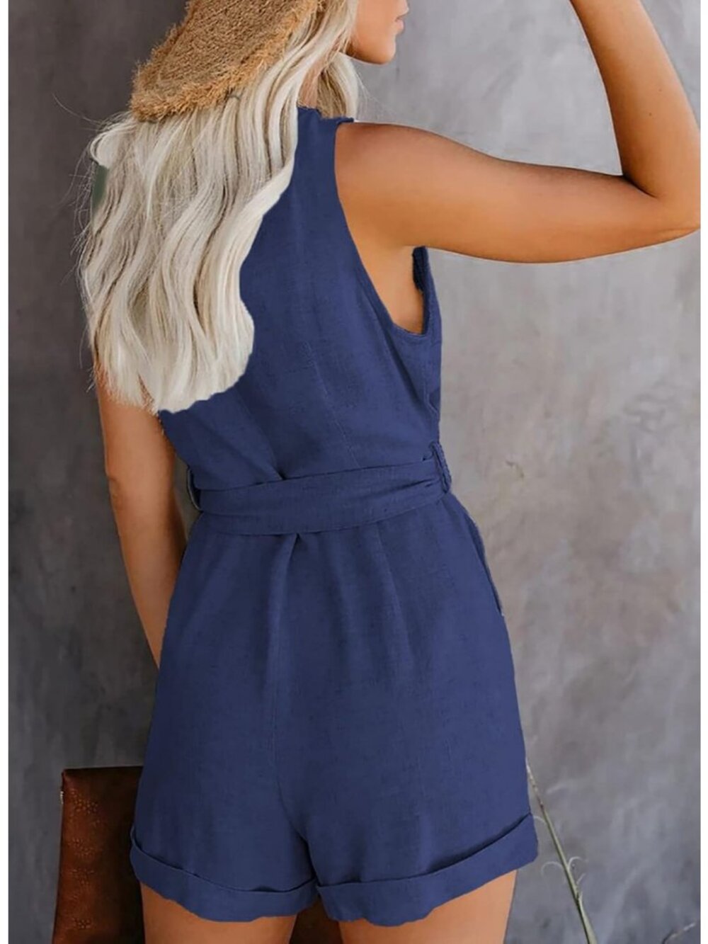 Women Royal Blue Casual Summer V Neck Button Down Ruffle Sleeveless Short Romper - Picture 4 of 4